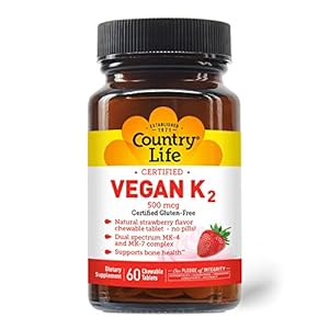 Country Life Certified Chewable Vegan K2, Supports Bone Health, 500mcg, 60 Chewable Tablets, Certified Gluten Free, Certified Vegan