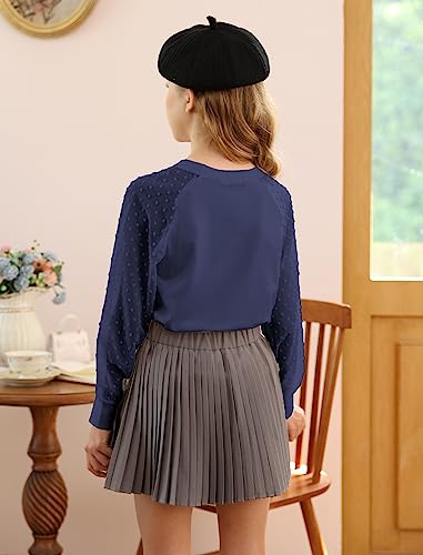 Image of Yekaty Girls Shirts Casual Solid Color Crewneck Blouses Soft Long Sleeve Swiss Dots Chiffon Tops