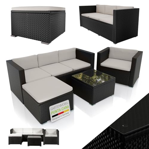 Juskys Polyrattan Lounge Punta Cana L für 4-5 Personen mit 3er Sofa, Sessel, Hocker, Tisch & Kissen, Sitzgruppe für Garten, Terrasse und Balkon, Gartenmöbel Set wetterfest - Schwarz/Creme Juskys Polyrattan Lounge Punta Cana L für 4-5 Personen mit 3er Sofa, Sessel, Hocker, Tisch & Kissen, Sitzgruppe für Garten, Terrasse und Balkon, Gartenmöbel Set wetterfest - Schwarz/Creme