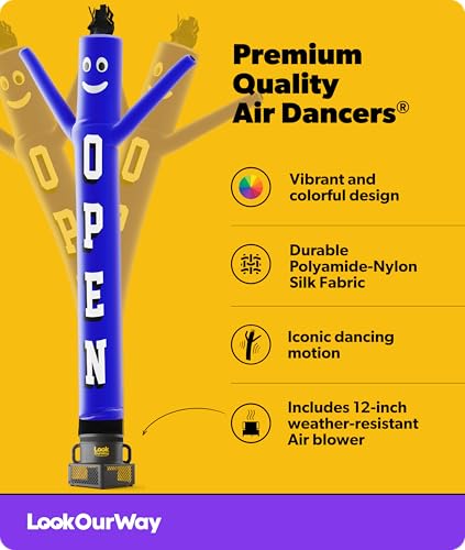 Image of LookOurWay Air Dancers Inflatable Tube Man Set - 10ft Tall Wacky Waving Inflatable Dancing Tube Guy with 12-Inch Diameter Blower for Business Promotion - Open Blue