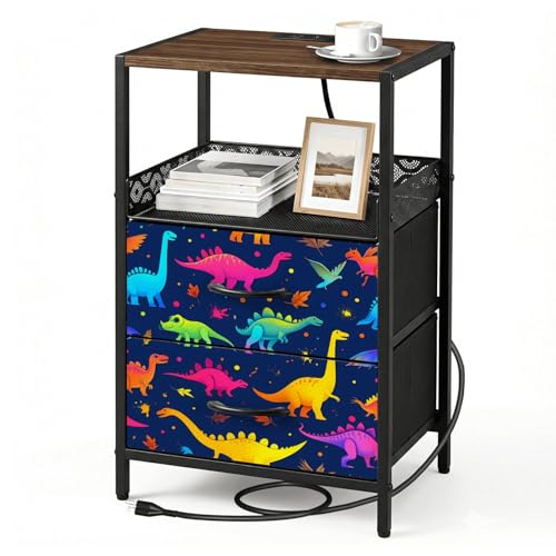 Nightstand with Charging Station & 2 Storage Drawers Small Bedside