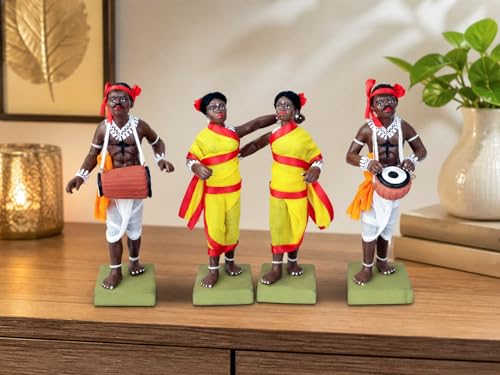 Image of Krishnanagar Handmade Clay Tribal Dance Group Idol | Terracotta Folk Human Figurines | Traditional Home Decor & Gift Showpiece | Set of 4