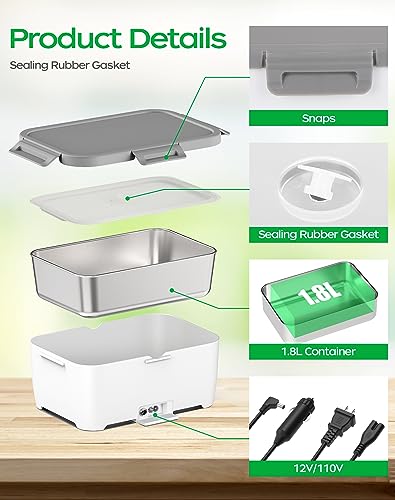 ROTTOTOON Electric Food Warmer, 2 in 1 12V/110V Heated Lunch Box (1.8L Large Capacity) for Car/Truck/Home/Office with Fork and Spoon (White & Gray) — view 4