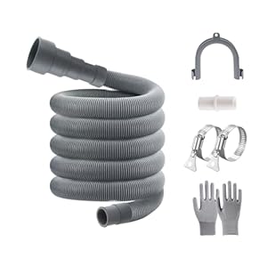 6.5 Ft Washing Machine Universal Drain Hose Flexible, Dishwasher Drain Hose Extension Kits, Corrugated Replacement Washer Hose Repair, 2 Clamps, 1 U-Bend Holder, 1 Adapter, 1 Protective gloves, Gray