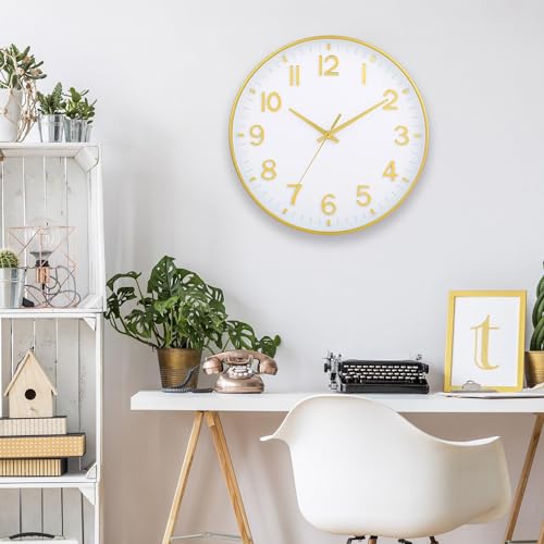 Image of HZDHCLH White and Gold Wall Clocks Battery Operated 12 inch Silent Non Ticking Modern Wall Clock for Living Room Bedroom Kitchen Office Decor