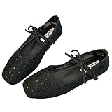 Women's Embroidery Lace Mesh Ballet Flats, Elegant Square Toe Flat Shoes for Party, Fashionable Daily Clothing Decor, Lightweight Breathable Comfortable Shoes for Women & Girls, Footwear (black,8)