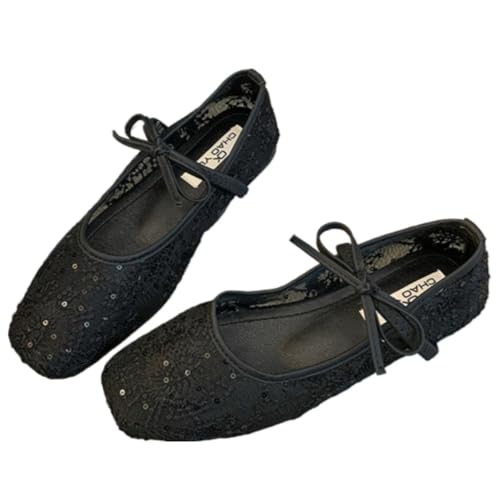 Women's Embroidery Lace Mesh Ballet Flats, Elegant Square Toe Flat Shoes for Party, Fashionable Daily Clothing Decor, Lightweight Breathable Comfortable Shoes for Women & Girls, Footwear (black,8)