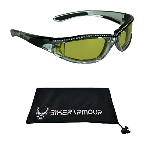 Bikershades Motorcycle Day Night Transitional Safety Photochromic Glasses Yellow to Brown Women Chrome Black Frame with Rhinestones