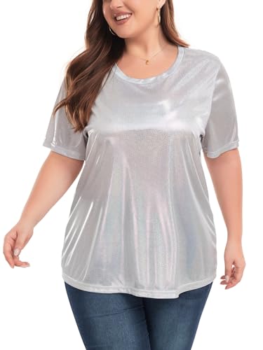 Women's Plus Size Shiny Metallic Shirt Sparkly Tops Holographic Party Disco Tee Rock Concert Glitter Shirt XL~5XL