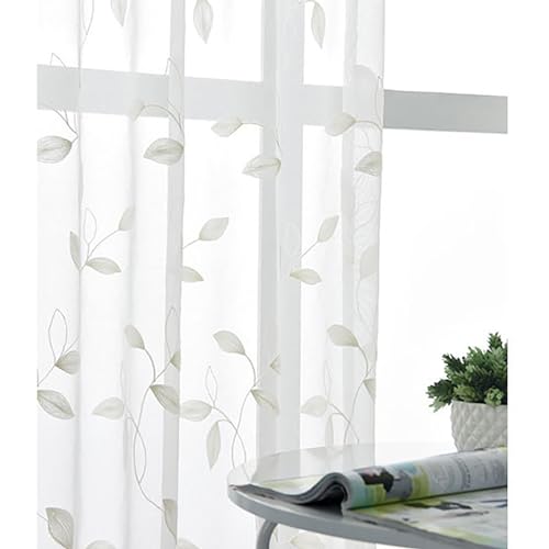 PSKJHN Embroidered Living Room Sheer Curtains Leaves Voile Pencil Pleat Window Treatments Curtain for Bedroom Kitcken 2 Panels, W200xL270cm,White - Image 8