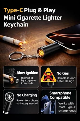 Image of USB Type C Electric Lighter Mini Keychain, Flameless Windproof Coil Ignition Plug-and-Play Pocket Lighter with Blow Activation, No Gas Design for Type-C Smartphones, Travel & Outdoor Use