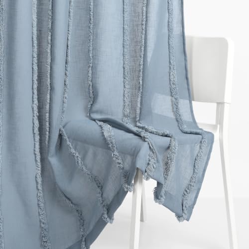 Image of haus & kinder Decorative Sheer Door Curtain 7 Feet Pack of 1 | Aesthetic Decor Long Curtain Feather Fringe Blue 120 x 213 cm