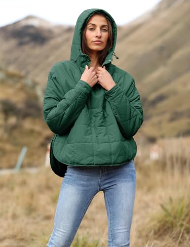 Women's Pullover Puffer Jacket Quilted Lightweight Dolman Sleeve Button Down Hooded Padded Coat with Pocket4