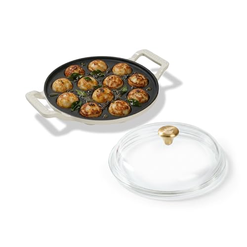 Image of CUMIN CO. Cast Iron Paniyaram Pan with Lid | Induction Base Cookware| 12 Cavities | 10 Years Warranty | Non Toxic Non Stick Pan for Appe /Paddu | Chemical Free Coating | Appe Maker | White