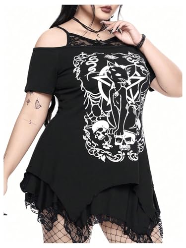SOLY HUX Women's Plus Size Gothic Cold Shoulder Graphic Tee Shirts Short Sleeve Y2k Tops Festival Rave Outfits Streetwear4