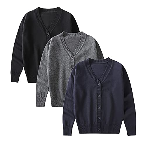 Abalacoco Boy's Unisex Cotton V-Neck School Uniforms Top Shirt Cotton Long Sleeve Cardigan Sweater (Black, 12-13T) #TOP1