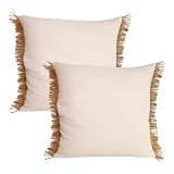 TAPIDECOR | Pack 2 Fundas de Cojín | Modelo Fleco Rafia Ocre | Decoración Hogar | Cojin para Dormitorio, Sofá, Salón, Terraza | Diseño Moderno y Elegante | Tejido Piqué Gofrado Beige | 60x60cm