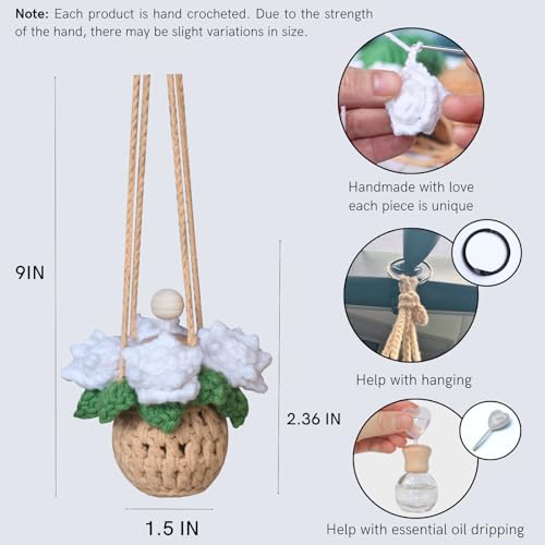 Image of ROFIGL Handmade Crochet Hanging Car Air Freshener - Pure Elegant White Rose Design, 12ml Refillable Thick Glass Bottle, Car Diffuser for Rearview Mirror, Home & Office Minimalist Decor