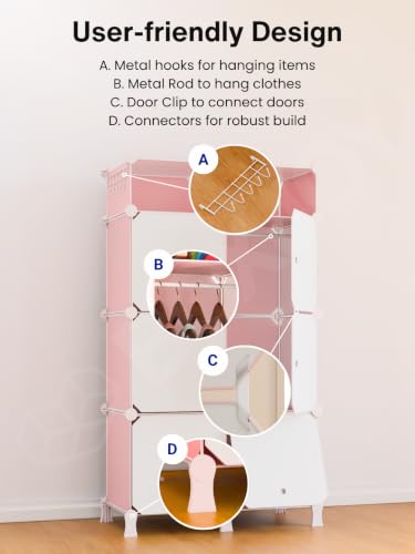 Image of BOXJOY Plastic Kids Wardrobe with 6 Doors, Sticker Sheet & 5 Hook Holder