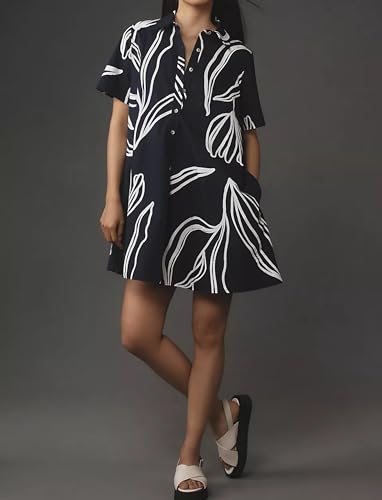 Image of Women's Short Sleeve Swing Tunic Mini Dress Button Up Blouse Shirt Summer Loose Casual Flowy A Line Short Dresses Black Flower