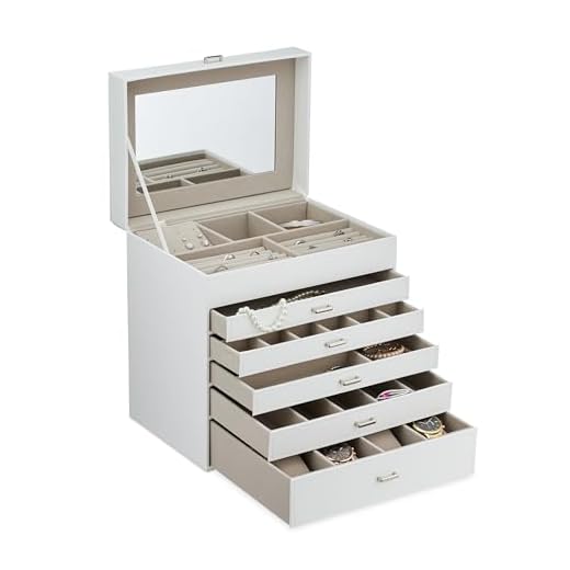 Relaxdays Grande Joyero con Espejo, Organizador Anillos, 32,5x30,5x22cm, Estuche Relojes, Accesorios, Brazaletes, Blanco, 50% plástico 30% poliéster 20% Vidrio