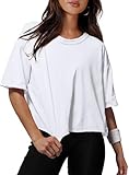 XIEERDUO Cotton Gym Crop Tops for Women UK Short Sleeve Summer Casual T Shirts Loose Fit Sports Yoga Crewneck Ladies Tops White M