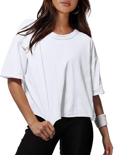 XIEERDUO Cotton Gym Crop Tops for Women UK Short Sleeve Summer Casual T Shirts Loose Fit Sports Yoga Crewneck Ladies Tops White M