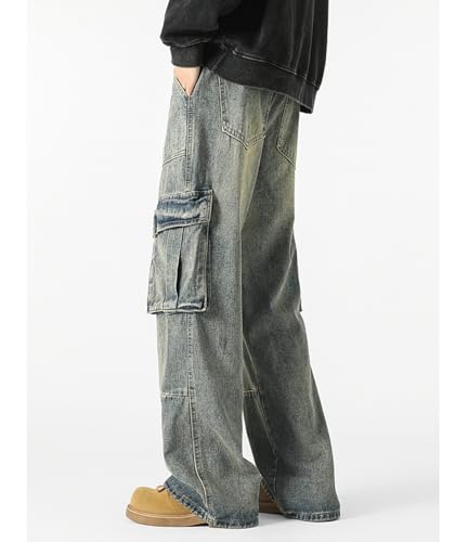 Men's Cargo Jeans Loose Casual Straight Wide Leg Vintage Stitching Denim Trousers with Pockets2