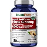 NusaPure Red Korean Panax Ginseng 20:1 Extract, 450 mg Equivalent to 9,000 mg 180 Veggie Caps (USDA Organic, Non-GMO, Vegan, Vegetarian, Bioperine)