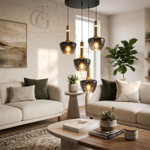 Image of Set of 4-Heads Tapered Cone-Shaped Glass Hanging Pendant Light|Modern Frustum Cluster Ceiling Lamp with Metal Base|Smoke-Glass for Living Room, Dining & Cafe