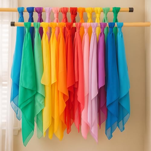 Shyyween 24 Pcs Chiffon Juggling Scarves Dance Scarves Bulk 24 x 24 Inches Colorful Square Soft Scarfs for Music Movement Education Musical Performance Magic Trick Props Accessories