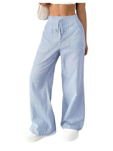 WDIRARA Women's Striped Drawstring Waist Wide Leg Pants Loose Lounge Pants