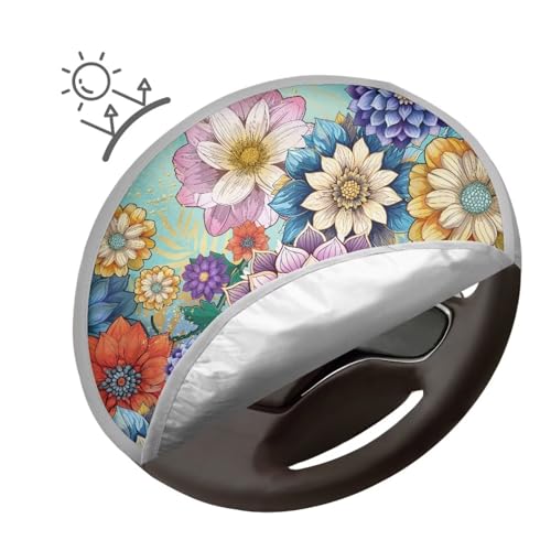 Image of Colorful Flower Steering Wheel Sun Shade Cover Sun Shade for UV Protection Universal Steering Wheel Shield Easy to Install Reflect UV Sun and Heat and Protect Your Car