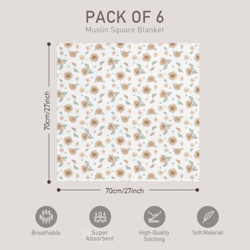 Image of GLLQUEN BABY Receiving Blanket Boy Cotton Muslin Swaddle Blankets Girl Newborn Squares Breathable & Soft Thin Baby Blankets Cloths Double Absorbent Infant Swaddling Wrap - 6 Pack (Sunflower)