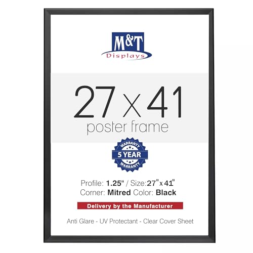 M&T Displays Snap Poster Frame Black 1.25 Aluminum Profile Front Loading Wall Mounting Photo Picture Document Certificate Sign Holder Mitered Corner Anti Glare Cover (Black 27x41 in)