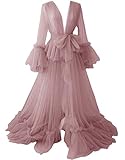 Tianzhihe Sexy Tulle Robe Long Illusion Maternity Photoshoot Bridal Lingerie Dressing Gown Nightgown Dusty Rose Large-X Large