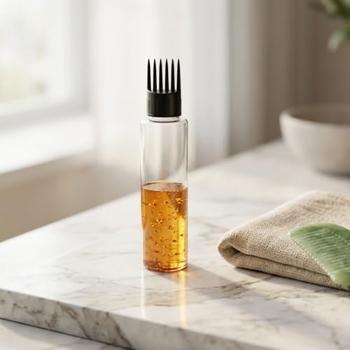 Image of Hian Hair Oil Applicator Bottle with Comb Tip & Two Flip Caps | 100 ml, Pack of 2 (Black) | Transparent Refillable Plastic | Root Care & Mess-Free Scalp Application | For Easy Oil & Shampoo Dispensing