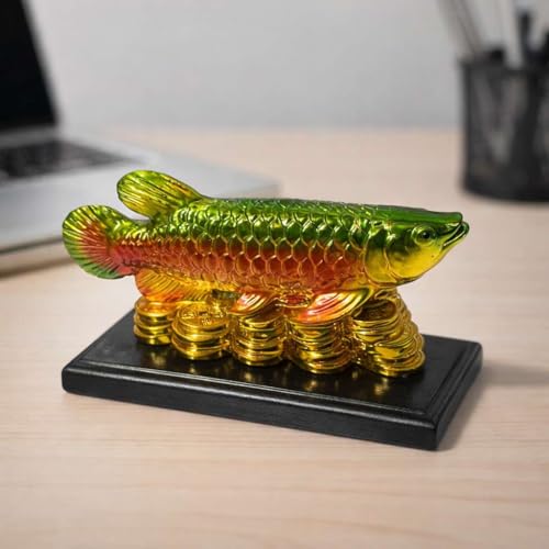 Image of Feng Shui Golden Arowana Fish Showpiece with Chinese Coins on Black Wooden Base | Green & Red Gradient Finish | Wealth & Prosperity Decor for Home, Office & Shop