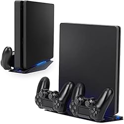 Ventilador Vertical Torre NiTHO Multistand Pro Vertical Stand, Estación de Acoplamiento Compatible con PS4 Pro/PS4 Slim, Soporte para Consola Playstation 4 con Luz Ambiental Azul, 2 Puertos de Carga para 2 Mando de PS4