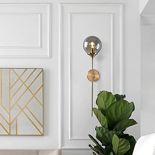 RENKTE Modern Minimalist Wall Sconce Light, 15cm Glass Ball Lamp Shade and Aluminium Support Lamp for Bedroom and Hallway (Grey) - Image 2