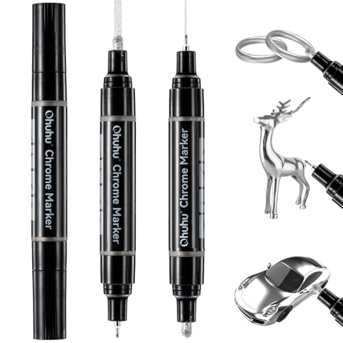 Ohuhu Chrome Paint Pen, 3 PCS Silver Liquid Chrome Markers with Gloss Mirror Water-Proof Lightfast Permanent Paint Markers for Repairing Metal Glass Plastic Car Tire DIY Crafts