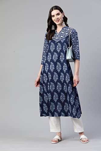 Image of Vbuyz Women's Paisley Print with Embroidery A-line Cotton Stitched Kurta