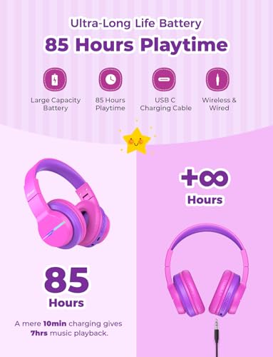 Image of iClever BTH12 Kids Headphones, Colorful LED Lights Kids Bluetooth Headphones with 74 /85 /94dB Volume Limited Over Ear, 40H Playtime, Built-in Mic for School /Tablet /PC /Airplane (Hot Pink)