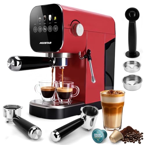 Aigostar Barista   Cafetera Espresso y Capuccino, Compatible con cápsulas y café molido, 20 Bares, Panel Táctil Digital, 1 o 2 tazas, Máquina de café con espumador de leche, 0.9L, 1350W, Inox, Rojo