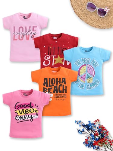 Image of Amazon Brand - Jam & Honey Girls Cotton Graphic Printed Half Sleeves T-Shirt | Regular Fit | Soft & Breathable | Age 2-8 Years (Available in Pack of 5 & Pack of 3)