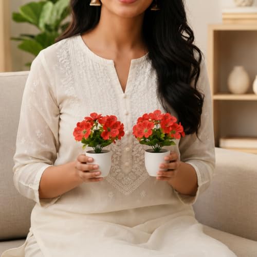 Image of fancymart Artificial Real Touch Flower Plant with Pot (Pack of 2), 16 cm Height, Decorative Faux Floral Plant for Home, Office, Living Room, Bedroom, Table & Shelf Decor