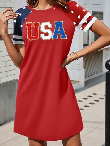 Image of YI XIANG RAN 4th of July Dress Women: American Flag Dresses USA Stars Stripes Shirt Patriotic Tshirt Summer Sundress