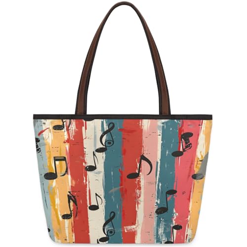 Vintage Striped Musical Notes Tote Bag Multi Pocket Zippered Beach Bag Lightweight Waterproof Handbag for Women Men Work Gym Travel Swimming Yoga Grocery Shopping M