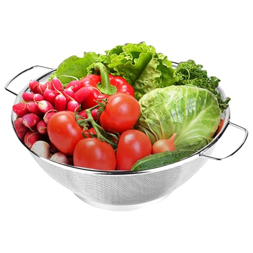 Metal Colander - Fine Mesh Fruit Washing Kitchen Strainer, 304 Stainless Steel Micro-Perforated Basket, Heavy Duty Double Handles | Heat Resistant Sieve, Pasta, Berries, Rice, Quinoa