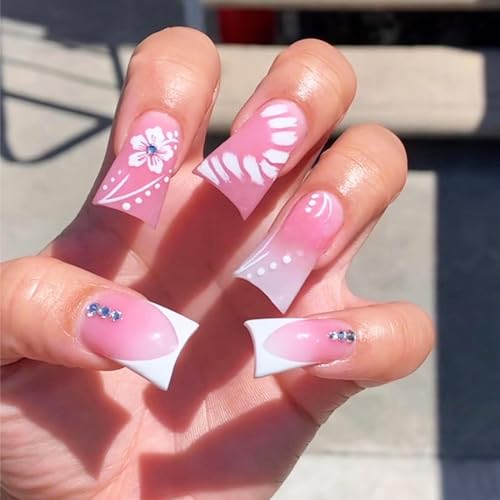 White Flower Duck Press On Nails with French Tips Designs, Glossy Pink Gradient Fake Nails, Short False Nails, 24Pcs